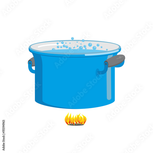 Pot of boiling water on fire. Cooking food. Blue cookware