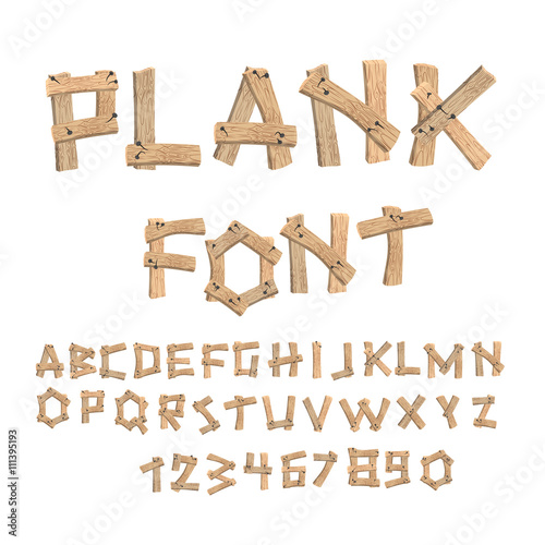 Plank font. Wooden table alphabet. Old boards with nails ABC. le