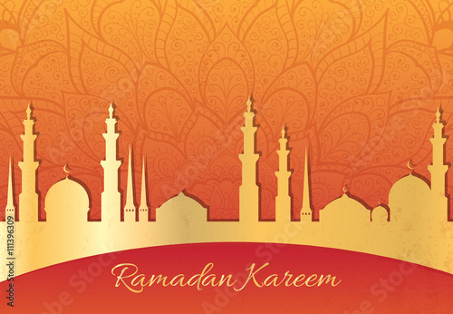 Ramadan Kareem greeting card. Mosque silhouette vector illustration.