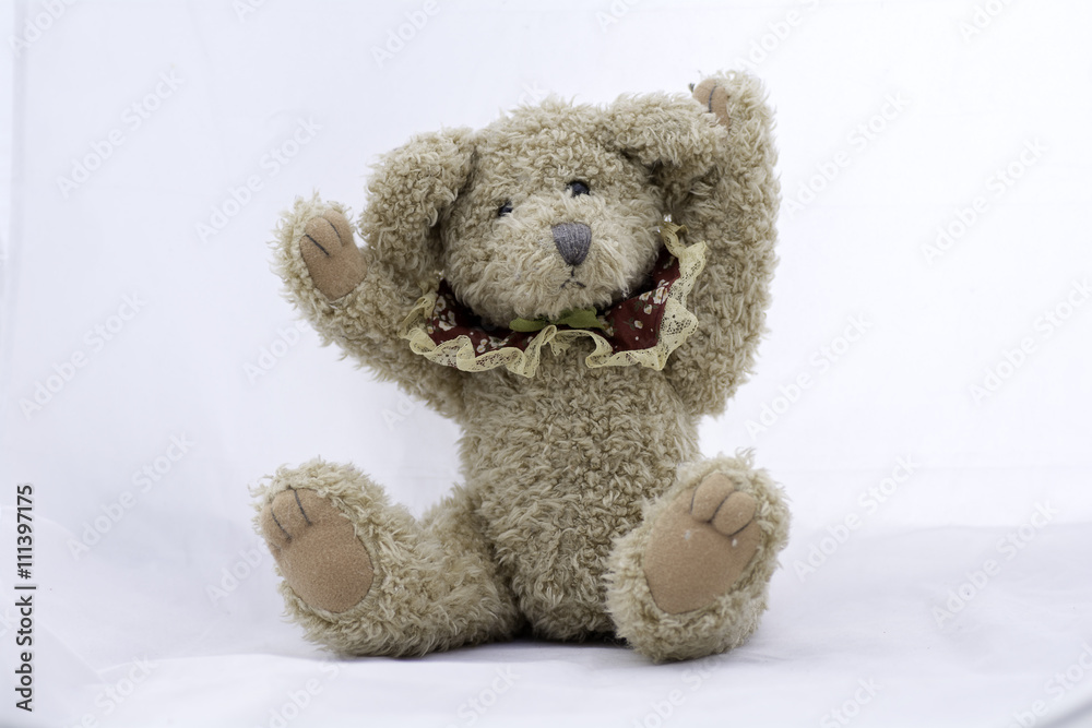 stuffed toy bear sitting on a white background .