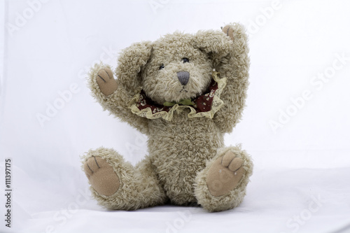stuffed toy bear sitting on a white background .