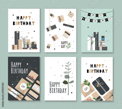 A set of cards on his birthday. Bright illustration with kraft boxes and plants for the hipster party.
