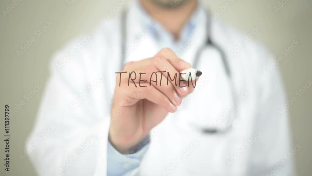 Treatment, Doctor writing on transparent screen Treatment, Doctor writing on transparent screen