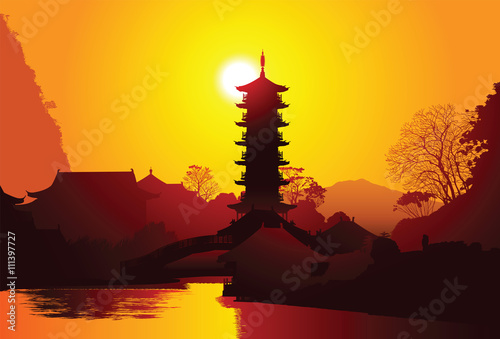 Photo Old pagoda on the water, Guilin, China