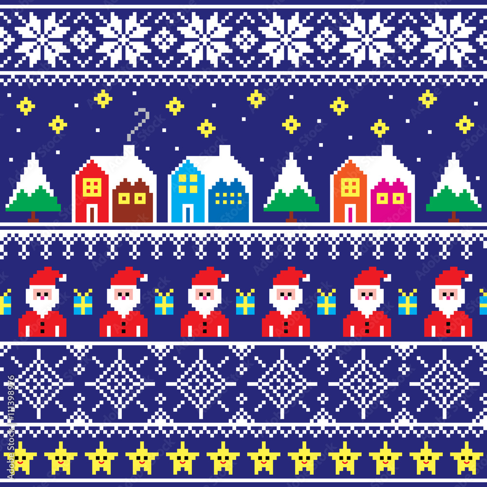 Christmas jumper or sweater seamless pattern with Santa and houses 