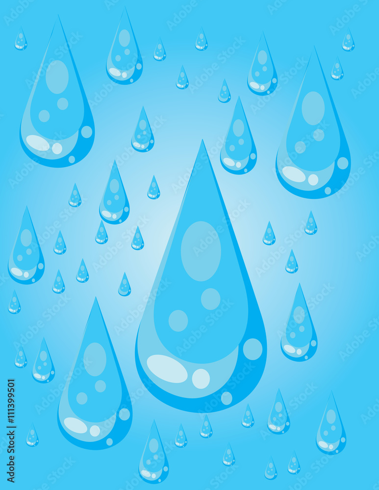 Big blue conic water drops with glows and reflections, over a blue background. Digital image vector. Big blue conic water drops with glows and reflections, over a blue background. Digital image vector.