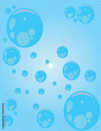 Big blue round water drops with glows and reflections, over a blue background. Digital image vector.