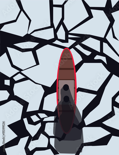Red and brown boat with steam on a frozen sea, view from top. Digital vector image.