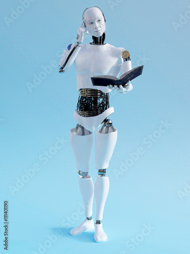 3D rendering of a robot man holding book.