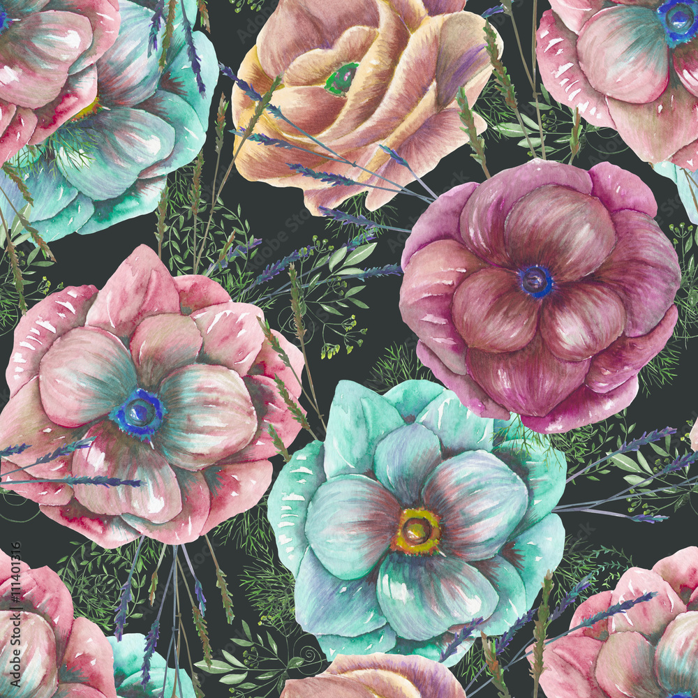 custom made wallpaper toronto digitalSeamless pattern with the watercolor anemone flowers and grass, hand drawn on a black background