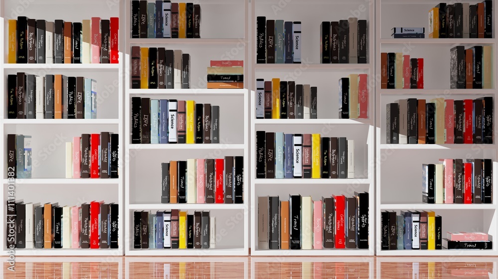 Wall bookcase full of books, 3d rendering