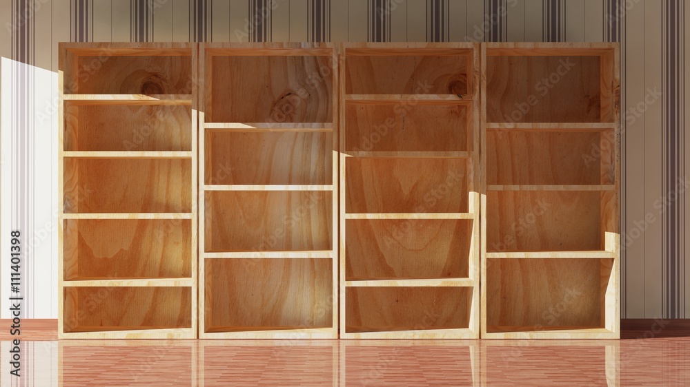 Empty wooden bookcase, 3d rendering