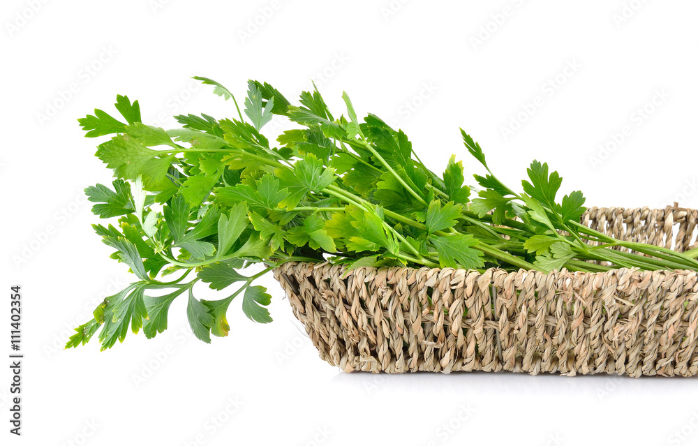 Parsley in basket isolated on white background Parsley in basket isolated on white background