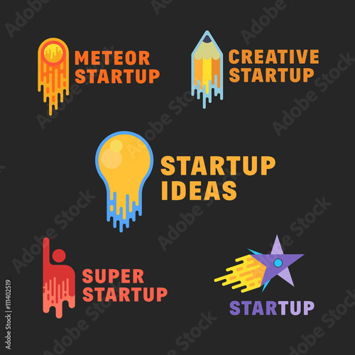 Abstract Startup Icons, Symbol, Signs or Logo Template Set. Flat Style on Dark Background.