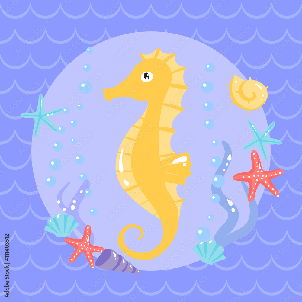 Obraz premium Cute cuttle with seasters and shells