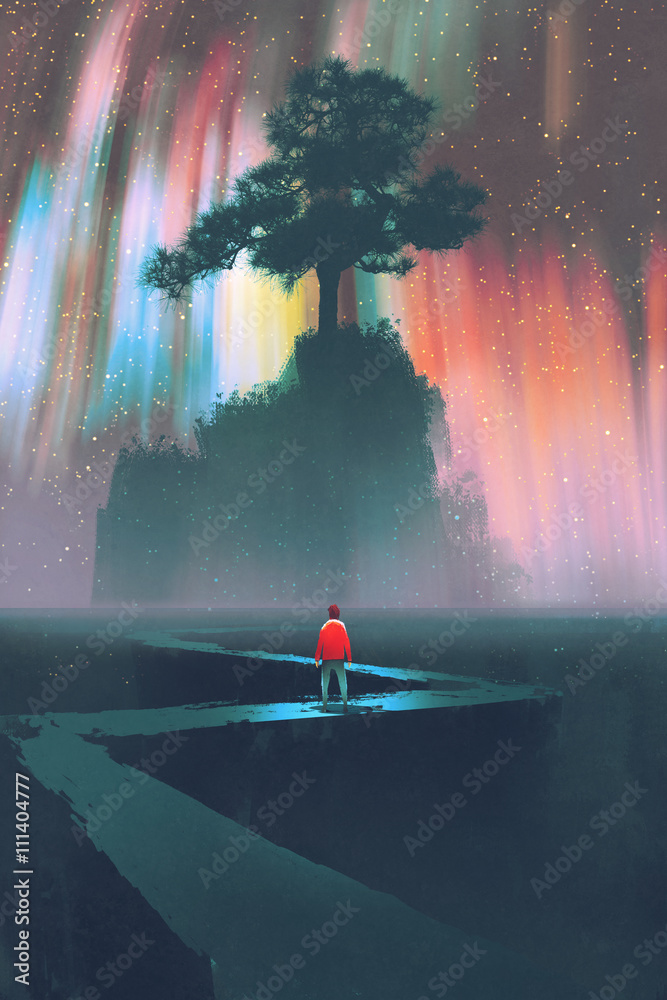 Fototapeta premium man begin a journey on winding road to the big tree against the night sky,illustration
