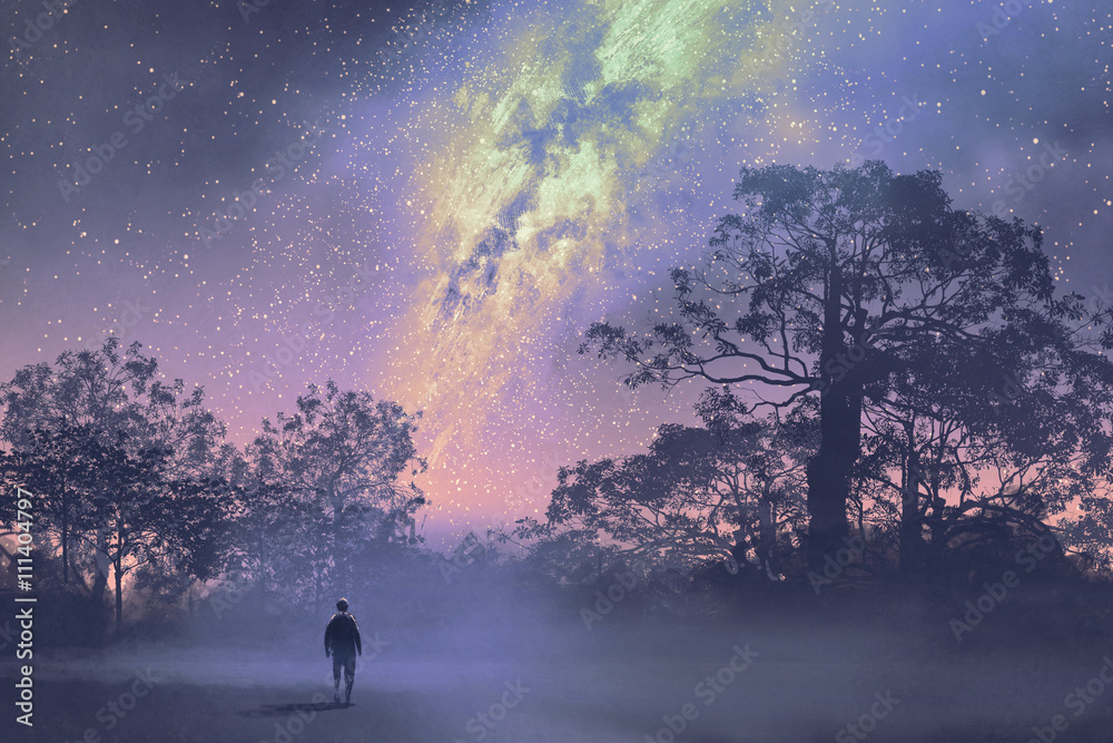 Fototapeta premium man standing against the milky way above silhouetted trees,night sky,scenery illustration