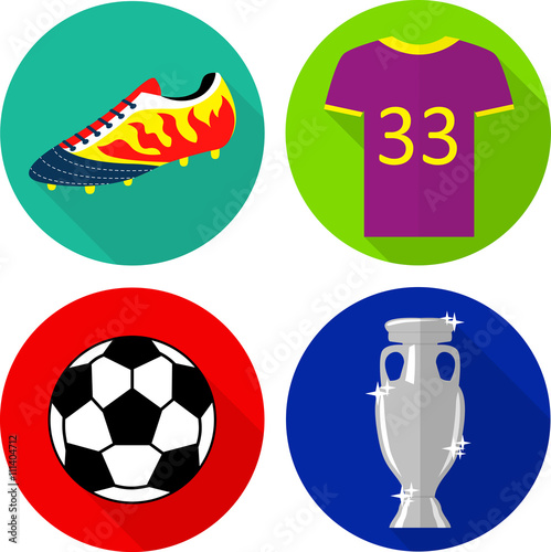 Colorful flat icons: football boots, T-shirt, ball and champions cup.
