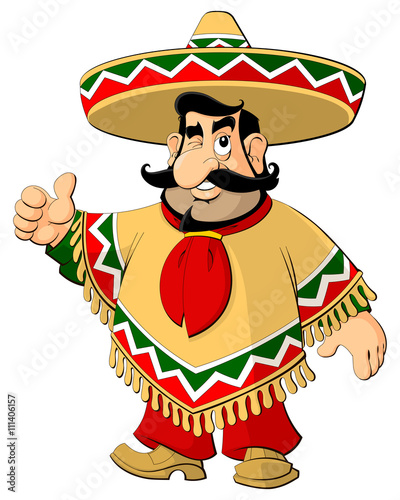 Cartoon Mexican man in a sombrero and poncho.