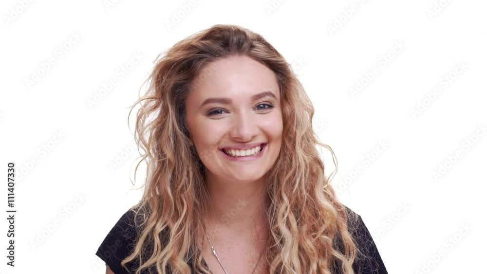 Pretty curly blondie woman showing thumbs up. Close up. Slow motion Pretty curly blondie woman showing thumbs up. Close up. Slow motion