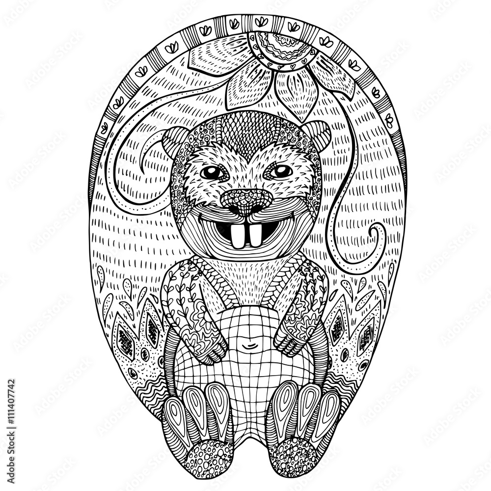 Zentangle stylized beaver. adult anti stress Coloring Page Stock Vector