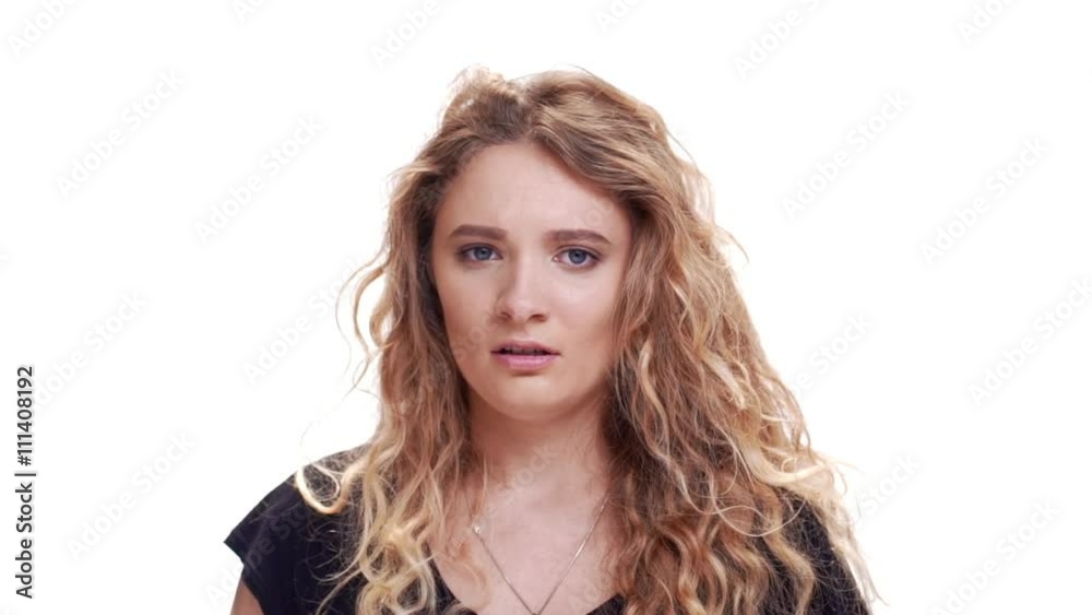 Pretty curly blondie woman scared. Close up. Slow motion Pretty curly blondie woman scared. Close up. Slow motion