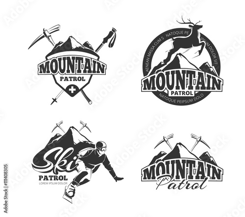 Vintage ski mountain patrol vector emblems, labels, badges, logos set