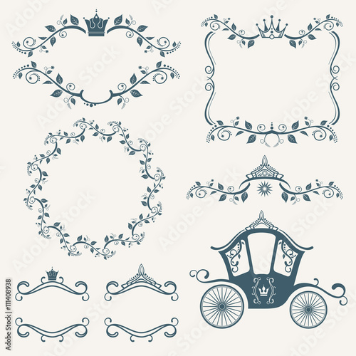 Vintage royalty frames with crown, diadems, carriages vector set