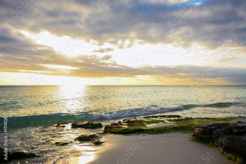 Sea and beach in the sunset with rocks covered with algae © Overburn