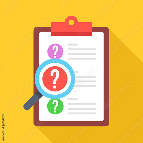 Clipboard with question marks and magnifying glass. Survey, quiz, investigation, customer support questions concepts. Flat design vector icon
