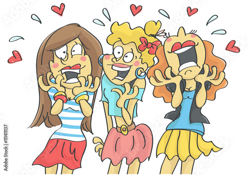 Cute, funny, groupie girls crying and laughing from excitement.