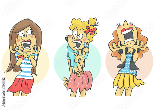 Set of three cute, funny girls with panic and fear expressions. Scared, terrified girls.