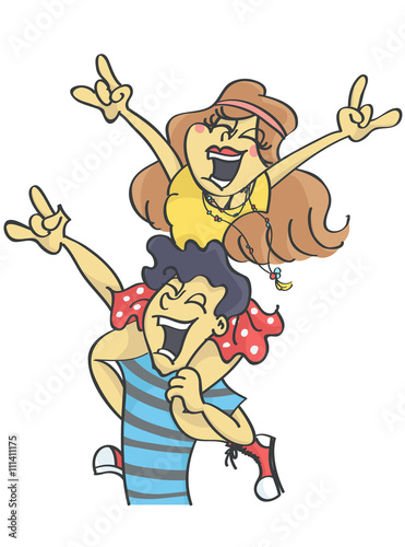 Boy carrying a girl on his shoulders, happy couple at concert.