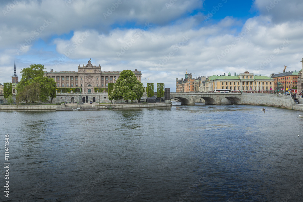 Riksdag Parliament Building and Norrbro Bridge In Stockholm, Sweden.