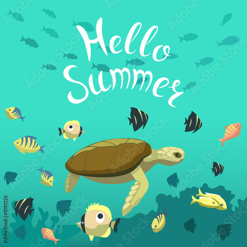 Underwater illustration with bright fishes and cartoon turtle.  Hello summer  collection.