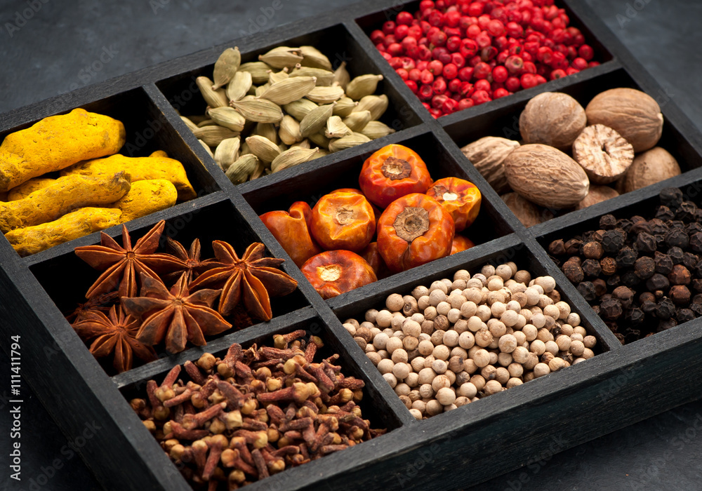 spices, spicy, seasonings  in wooden box