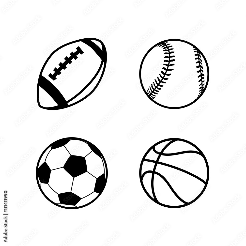 Four simple black icons of balls for rugby, soccer, basketball and baseball sport games, isolated on white