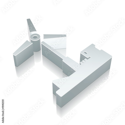 Manufacuring icon: 3d metallic Windmill with reflection, vector illustration.