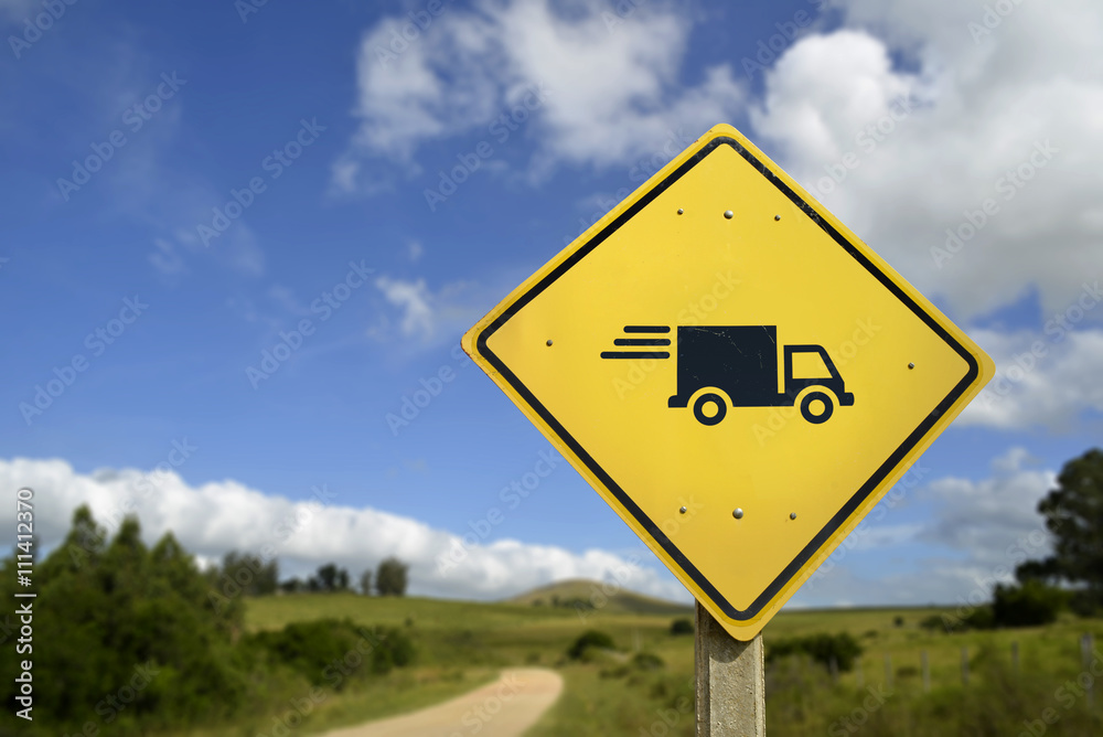 Fast shipping everywhere road sign with truck icon Fast shipping everywhere road sign with truck icon