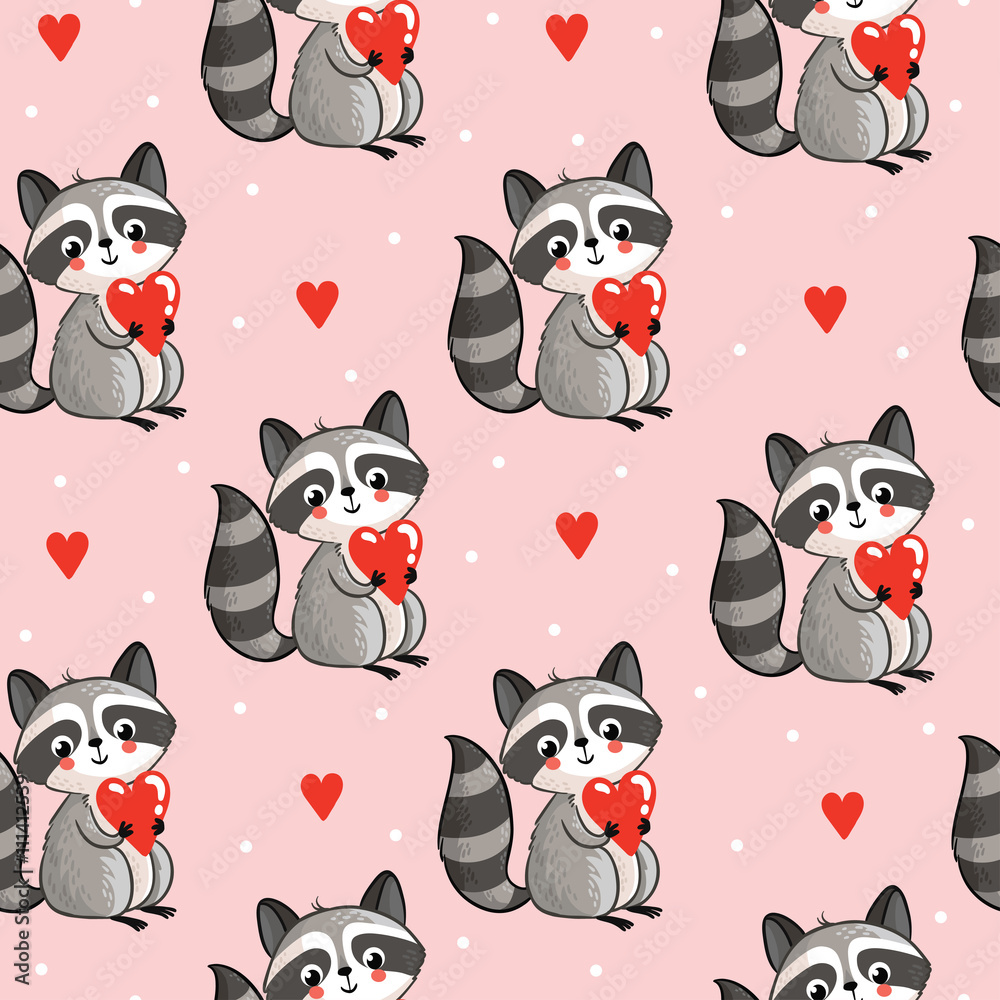 Vector seamless illustration with cute raccoon holding a heart in his hands on a pink background. Perfect for greeting cards for Valentine's Day.