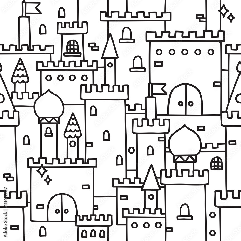 Hand drawn castle doodle tower vector pattern