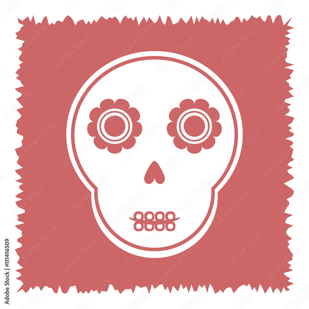 Cute skull with abstract flowers on a square ragged pink backgro Cute skull with abstract flowers on a square ragged pink backgro