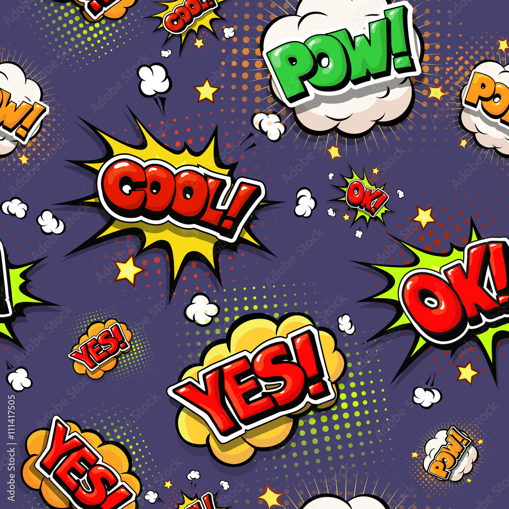 Colorful speech bubbles and explosions in pop art style. design comic. Ok, cool, yes, pow, oops, comic fonts.