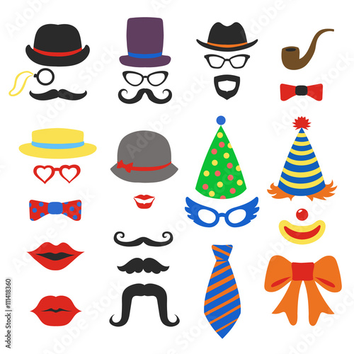 Fototapeta Naklejka Na Ścianę i Meble -  Birthday party vector photo booth props - Glasses, hats, lips, mustaches, ties and pipe