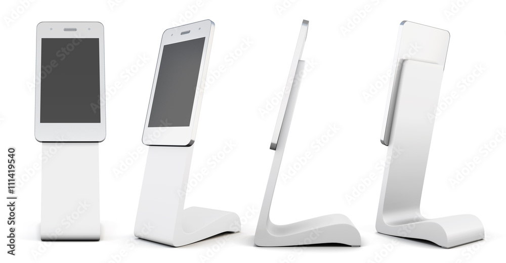 Set of white advertising stand in the shape of telephone isolated on white background. Outdoor advertising stand. 3d rendering Set of white advertising stand in the shape of telephone isolated on white background. Outdoor advertising stand. 3d rendering