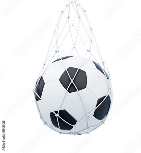 Soccer ball in the mesh bag isolated on white background. 3d rendering.