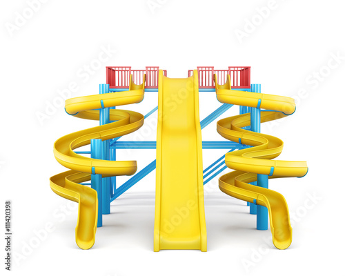 Plastic slides for water park on a white background. Front view. 3d rendering.