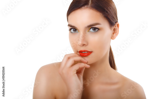 closeup portrait of a beautiful woman with beauty face and clean face skin , glamour makeup