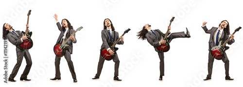 Funny guitar player isolated on white