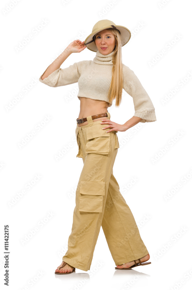 Pretty woman in beige trousers isolated on white Pretty woman in beige trousers isolated on white